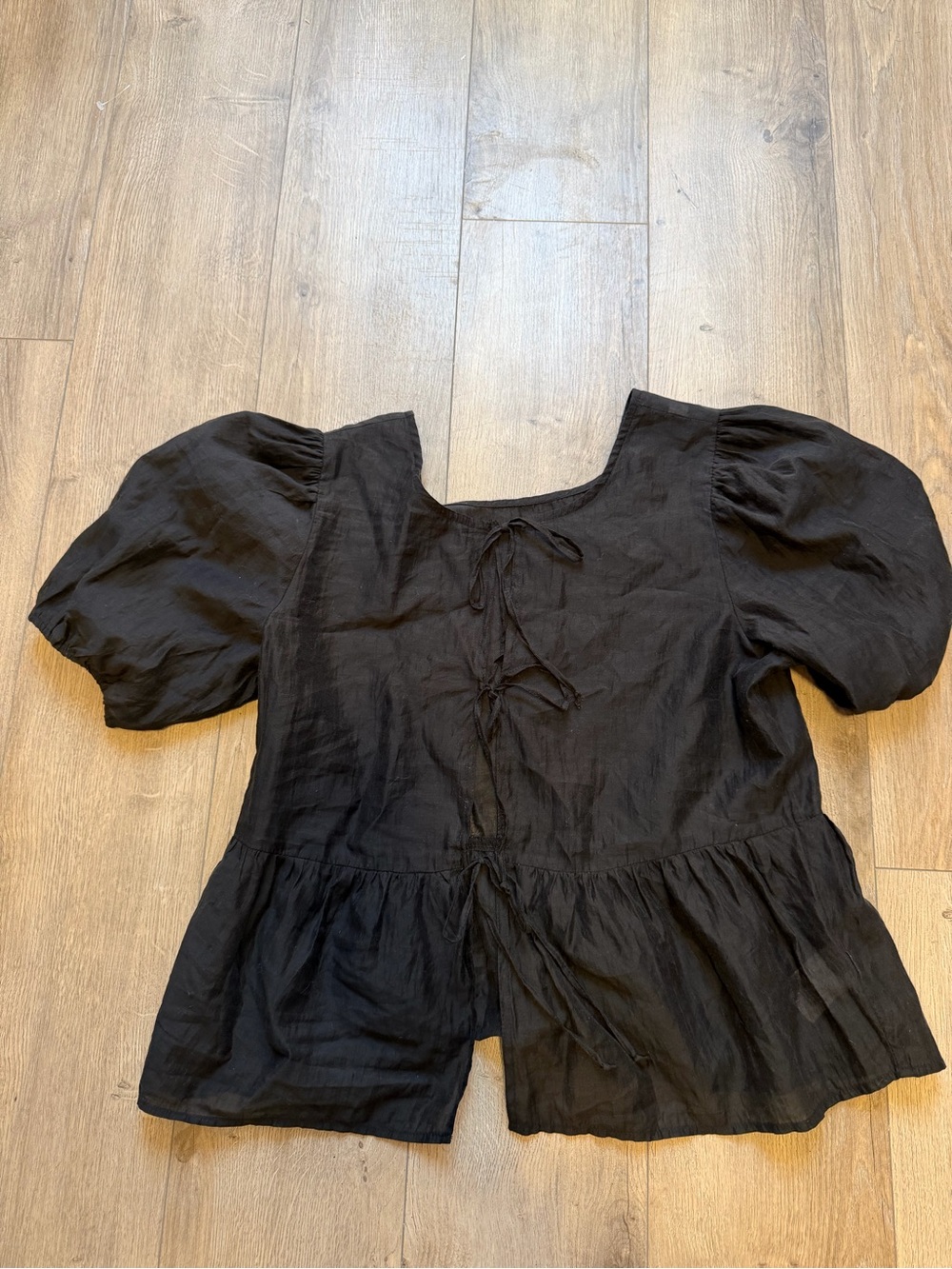 American Eagle Outfitters Black Tie-Front Peplum Puff Sleeve Top